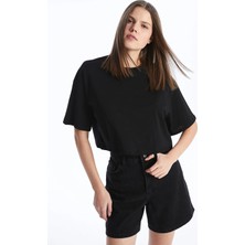 Tena Kadın Siyah Bisiklet Yaka Oversize Süprem Basic Crop Tişört