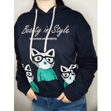 ESY Moda Lacivert Kedi Baskılı Kapişonlu Sweat