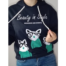 ESY Moda Lacivert Kedi Baskılı Kapişonlu Sweat