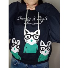 ESY Moda Lacivert Kedi Baskılı Kapişonlu Sweat