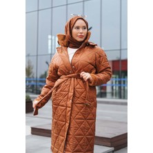Minel Kadın Kürk Detaylı Kemerli Şişme Mont Taba