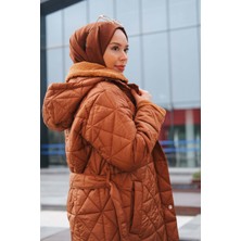 Minel Kadın Kürk Detaylı Kemerli Şişme Mont Taba