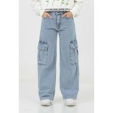 Hopi Kids Kargo Cepli Ayarlanabilir Belli Bol Paça Kız Kot Pantolon Mavi