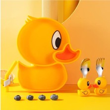 Baby Lock Vakumlu Silikon Bebek Mama Tabağı, Silikon Saplı Metal Uçlu Mama Kaşığı ve Pipet Beslenme Seti