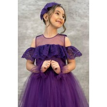 Riccotarz Kız Çocuk Yakası Transparan Omzu Açık Göğsü ve Kolları Güpür Işlemeli Mor Abiye