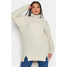 Büyük Beden Balıkçı Yaka Uzun Kollu Dikiş Detaylı Yırtmaçlı Kazak 302872