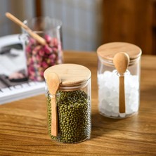 Senin Dükkanın Borosilikat Cam Bambu Kapaklı ve Bambu Kaşıklı Baharat Seti 6 Adet 450 ml