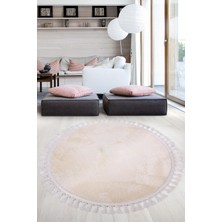 Bonny Home Relax Krem Yuvarlak 120X120 cm Ponpon Saçaklı Kaymaz Tabanlı Makinede Yıkanabilir Banyo Paspası