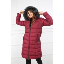 Elegant Life Kadın Açık Bordo Renk Şişme Uzun Mont Kaban Parka