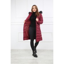 Elegant Life Kadın Açık Bordo Renk Şişme Uzun Mont Kaban Parka