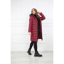 Elegant Life Kadın Açık Bordo Renk Şişme Uzun Mont Kaban Parka