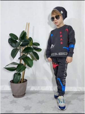Emila Kids Çocuk Dinozor Baskılı Pamuklu Sweatshirt Eşofman Alt-Üst Takım