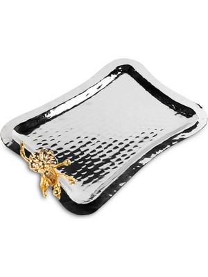 Antep Sepeti Gümüş Kaplama Çiçek Motifli Bakır Tepsi