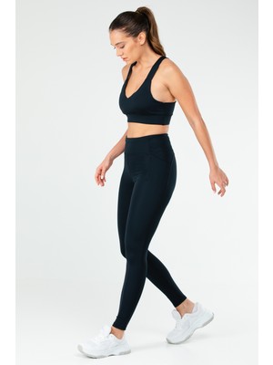 Speedlife Lacivert Slim Fit Düz Micro Açık Yaka Yüksek Bel Toparlayıcı Kadın Tayt Takım - SB0851