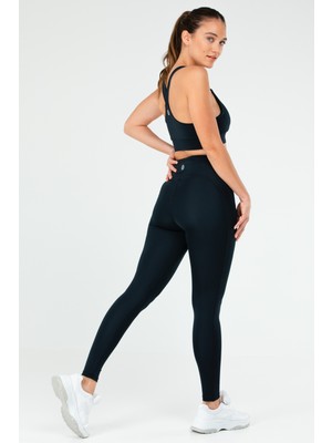 Speedlife Lacivert Slim Fit Düz Micro Açık Yaka Yüksek Bel Toparlayıcı Kadın Tayt Takım - SB0851