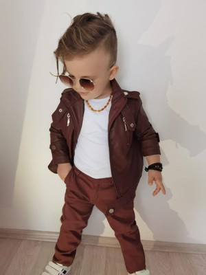 Burçak Butik Gabardin Pantolon / Kahverengi Deri Ceket / Suprem Tişört 3'lü Set