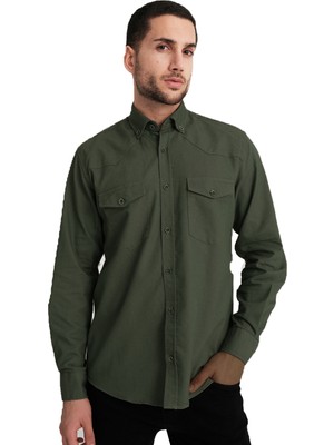 Varetta Varettaerkek Haki Yeşil Çift Cepli Likralı Lewis Model Gabardin Kumaş Kot Gömlek