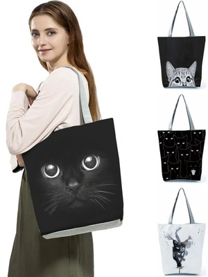 Qiuming Shop HL2887 Kedi Çanta Stili Yüksek Kapasiteli Hayvan Tasarım Çantaları Kadın Çantası Siyah Kedi Baskı Alışveriş Çantası Çanta Ofis Yeniden Kullanılabilir Rahat Omuz Çantaları (Yurt Dışından)