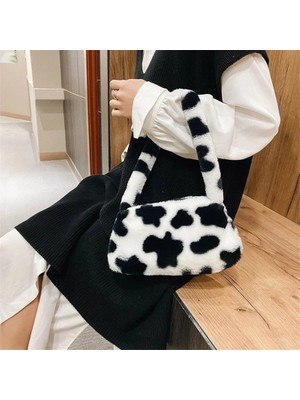 Qiuming Shop Stil Kahverengi Stil Fashion Women's Bag Trend Baguette Bag Plush Animal Print Shopper Purses Female Autumn Handbag Shoulder Underarm Bag (Yurt Dışından)