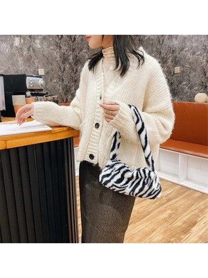 Qiuming Shop Stil Kahverengi Stil Fashion Women's Bag Trend Baguette Bag Plush Animal Print Shopper Purses Female Autumn Handbag Shoulder Underarm Bag (Yurt Dışından)