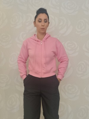 Şaziye Butik Kapüşonlu-Şardonlu-Fermuar  Kapamalı-Pembe  Sweatshirt