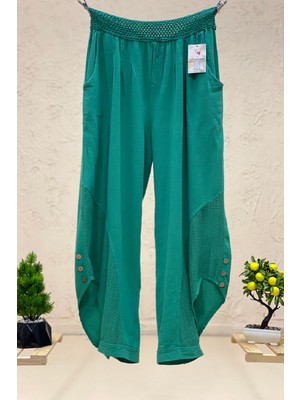 Sahnemoda Paça Düğmeli Fileli Keten Şalvar Pantolon