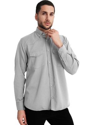 Varetta Erkek Açık Gri Çift Cepli Likralı Lewis Model Gabardin Kumaş Kot Gömlek