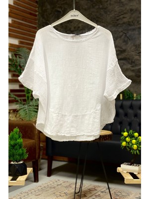Sahnemoda Yanları Fileli Oval Kesim Keten Bluz