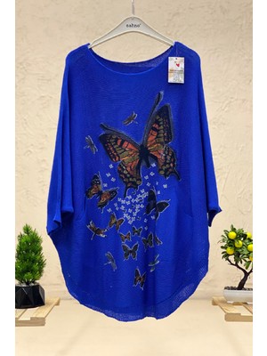 Sahnemoda Kelebek Baskı Yrasa Merserize Cepli Bluz