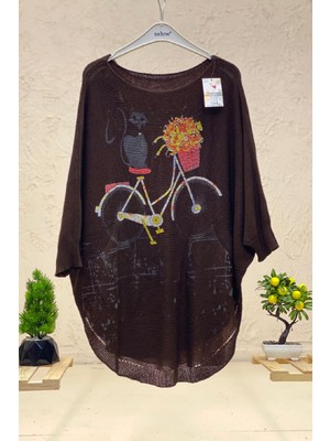 Sahnemoda Kedi Ve Bisiklet Baskı Yarasa Merserize Bluz