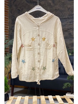 Sahnemoda Yıldızlı Uzun Kol Kapşonlu Keten Gömlek