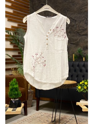 Sahnemoda Nakışlı Kolsuz Yıkamalı Keten Bluz