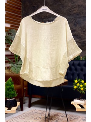Sahnemoda Yanları Fileli Oval Kesim Keten Bluz