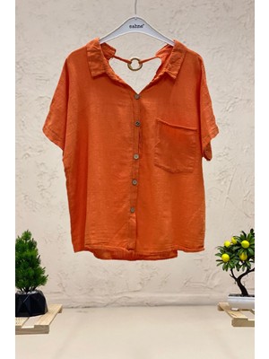 Sahnemoda Sırt Tahta Halkalı Yakalı Salaş Keten Bluz