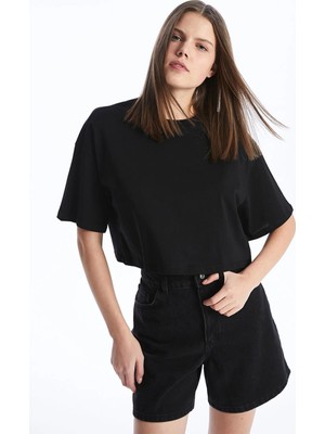 Tena Kadın Siyah Bisiklet Yaka Oversize Süprem Basic Crop Tişört
