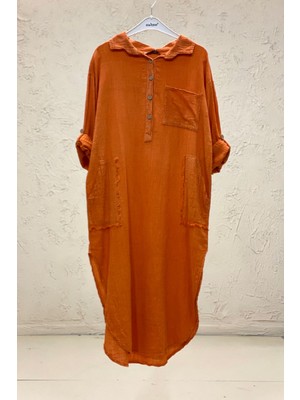 Sahnemoda Yakalı Düğmeli Cepli Uzun Keten Elbise