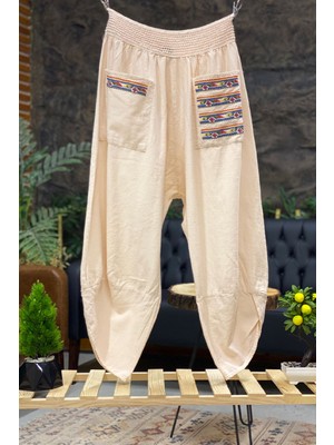 Sahnemoda Paça V Kesim Cepleri Nakışlı Keten Pantolon