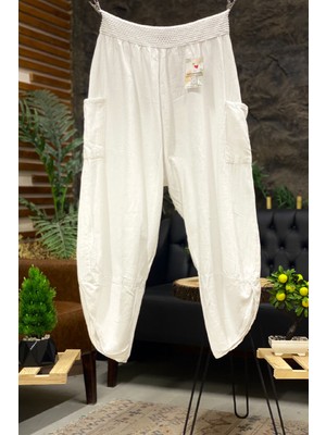 Sahnemoda Yan Cepli Bel Kopenaklı Keten Pantolon