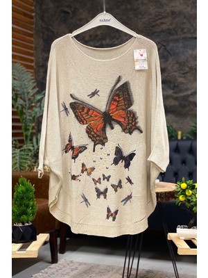 Sahnemoda Kelebek Baskı Yrasa Merserize Cepli Bluz