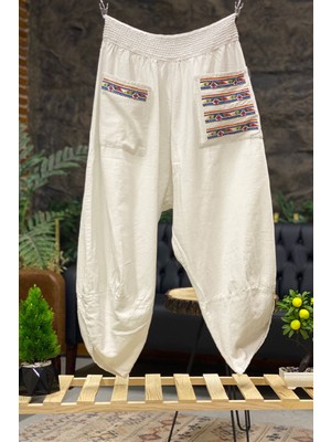 Sahnemoda Paça V Kesim Cepleri Nakışlı Keten Pantolon