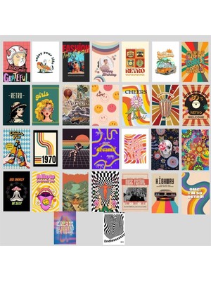 Çılgıntrend Psychedelic Retro Poster, Indie Kolaj Poster Seti, Dekoratif Poster Kolaj Seti, Çerçevesiz Hediyelik Poster - 30 Adet - 10CM x 15CM