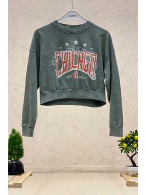 Sahne Moda Chicago Baskı Uuzn Kol Crop Penye Sweat