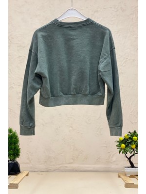 Sahne Moda Chicago Baskı Uuzn Kol Crop Penye Sweat