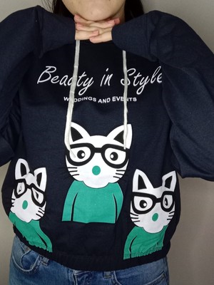 ESY Moda Lacivert Kedi Baskılı Kapişonlu Sweat