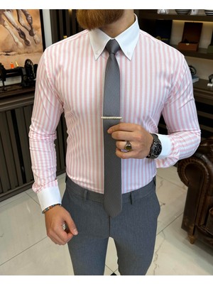 Terzi Adem Altun Italyan Stil Çizgili Düğme Yaka Likralı Erkek Gömlek Pembe T11144