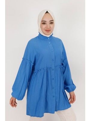 By Coolest Butik 71098 Beli ve Omuzu Fırfır Detaylı Poplin Kumaş Tunik Gömlek