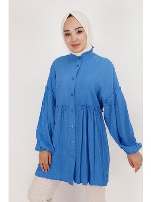 By Coolest Butik 71098 Beli ve Omuzu Fırfır Detaylı Poplin Kumaş Tunik Gömlek