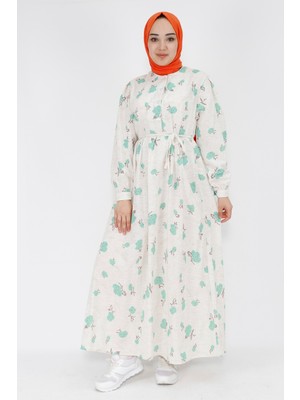 By Coolest Butik 71100 Dijital Desenli Düğmeli Keten Kumaş Elbise