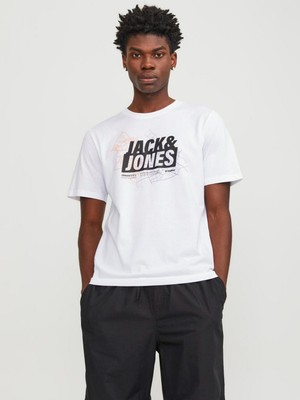 Jack & Jones Erkek Kısa Kollu Beyaz T-Shirt Jcomap Logo 2XL Pamuklu Standart Kalıp