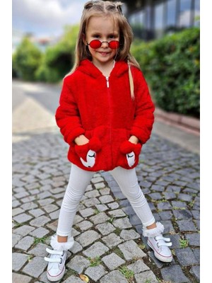 Riccotarz Kız Çocuk Kapüşonlu Kuzu Kulaklı Kırmızı Peluş Ceket